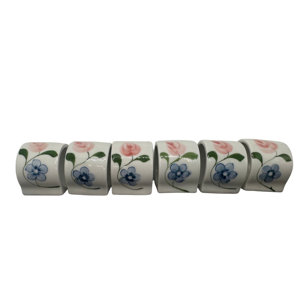Vintage Floral Ceramic Napkin Rings Set of 6 Pink Blue Hand Painted - Picture 3 of 5